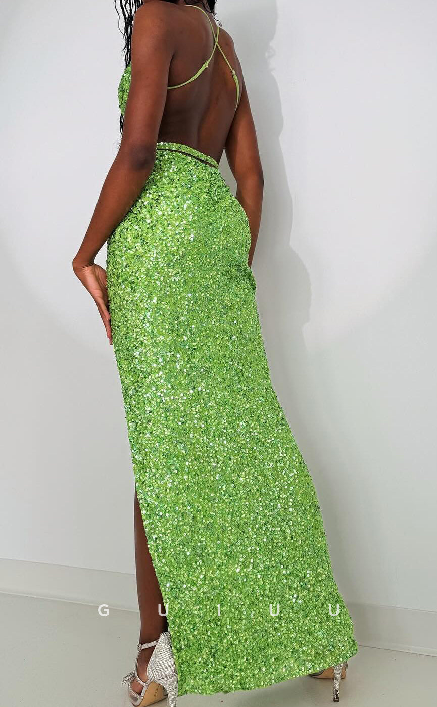 G3157 - Sheath Strapless Straps Sleeveless Fully Sequined Criss-Cross Straps Long Prom Dress with Slit for Black Girl Slay