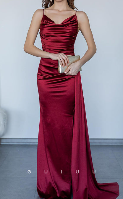 G3733 - Sheath Strapless Straps Sleeveless Pleated Formal Evening Prom Gown with Slit and Train