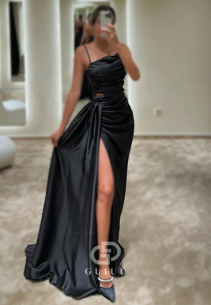 G4735 -  Sheath Strapless Straps Sleeveless Pleated Long Satin Prom Dress with Slit