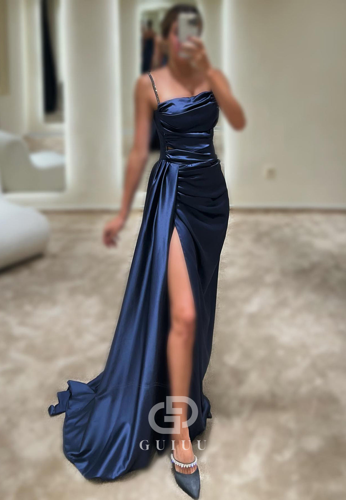 G4735 -  Sheath Strapless Straps Sleeveless Pleated Long Satin Prom Dress with Slit