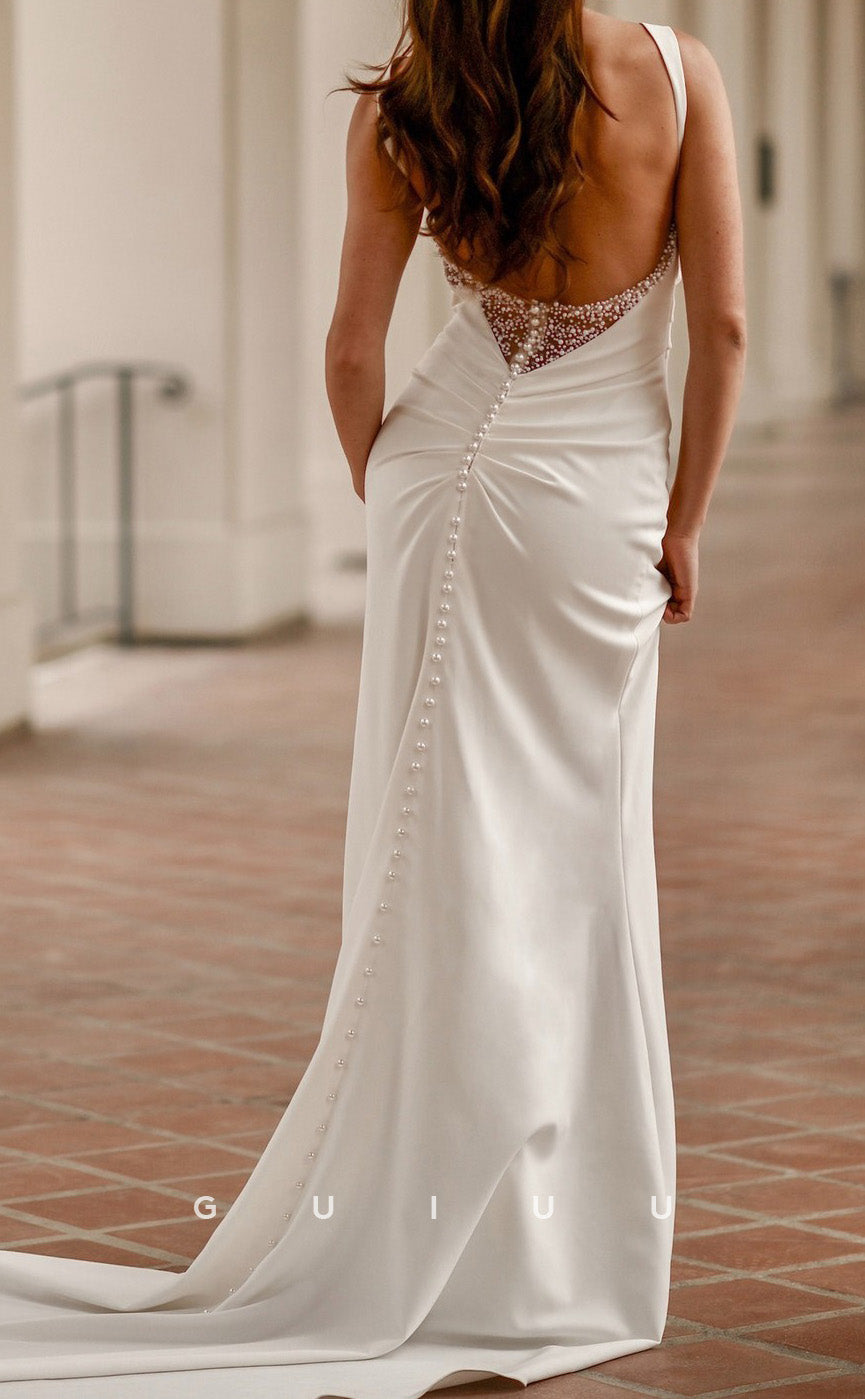 GW1018 -  Sheath Strapless Straps Sleeveless Pleated Ruched Satin Wedding Dress with High Side Slit and Train