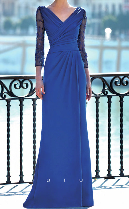 GM254 - Elegant & Timeless Sheath V Neck 34 Length Sleeves Pleated Long Cocktail Dress