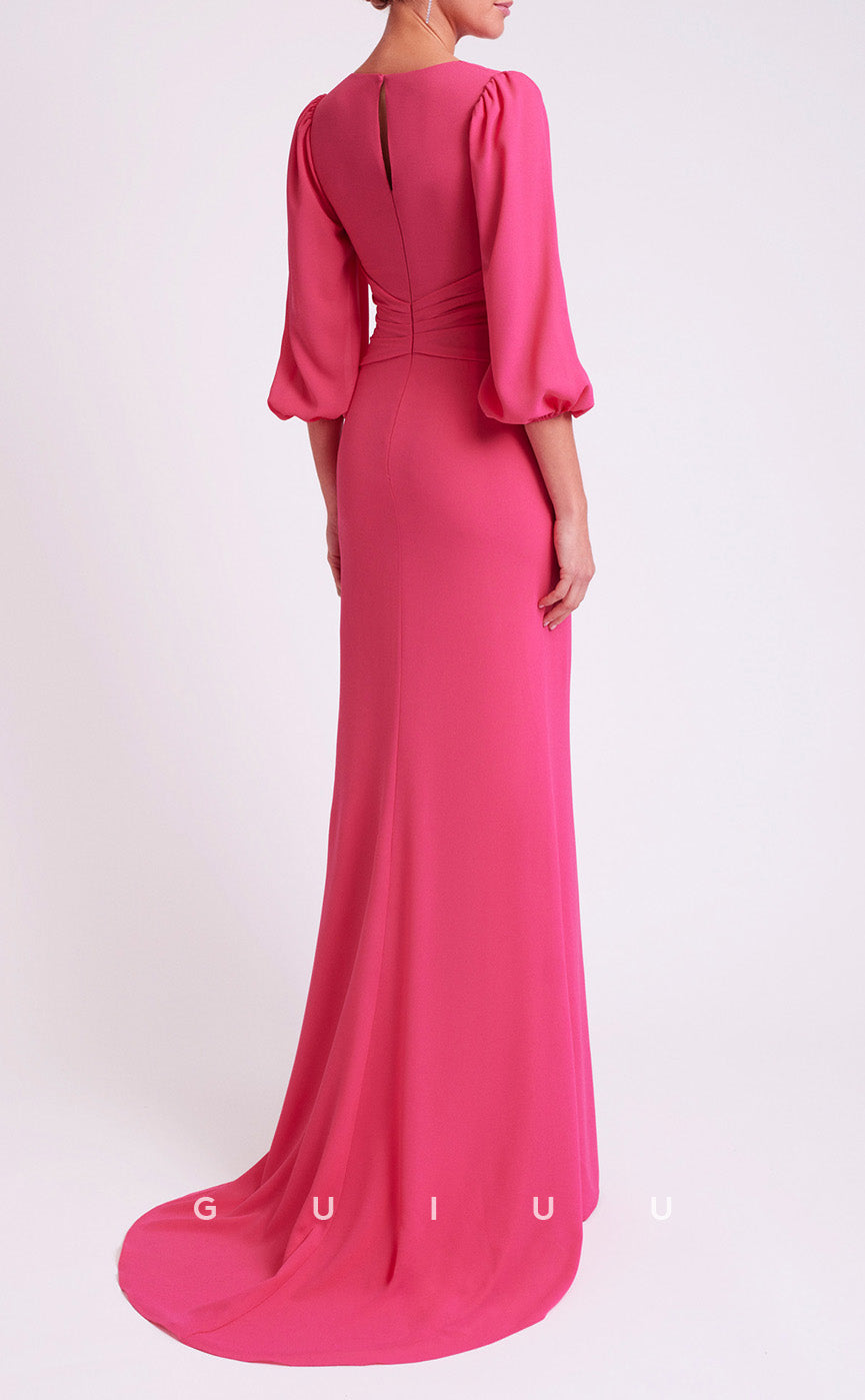 GM263 - Sheath V Neck 34 Length Sleeves Pleated Long Cocktail Dress with Train