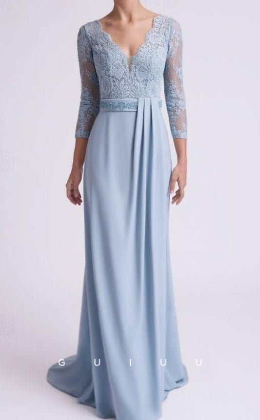 GM071 - Sheath V Neck Floor Length 34 Lengfh Sleeves Appliques Chiffon Mother of the Bride Dress