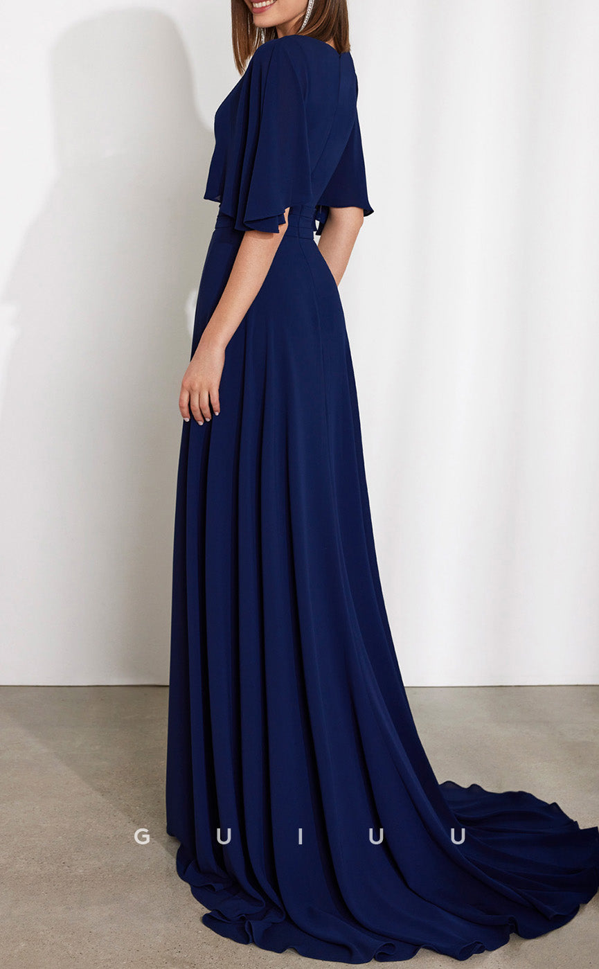 GM169 - Sheath V Neck Half Sleeves Side Slit Long Prom Dress Cocktail Dress Wedding Guest Dress with Train