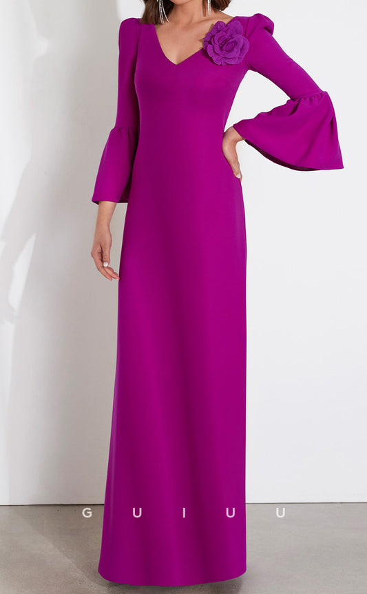 GM210 - Sheath V Neck Long Sleeves Cocktail Dress Wedding Guest Dress with Slit and Flower