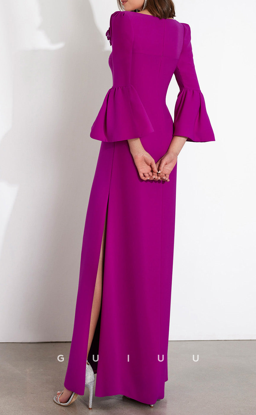 GM210 - Sheath V Neck Long Sleeves Cocktail Dress Wedding Guest Dress with Slit and Flower