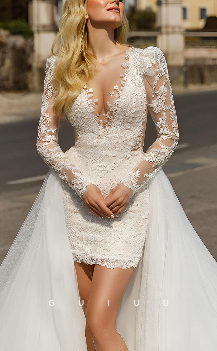 GW1070 -  Sheath V Neck Long Sleeves Fully Appliques Lace Up Mini Wedding Dress with Detachable Train