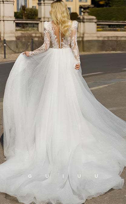 GW1070 -  Sheath V Neck Long Sleeves Fully Appliques Lace Up Mini Wedding Dress with Detachable Train