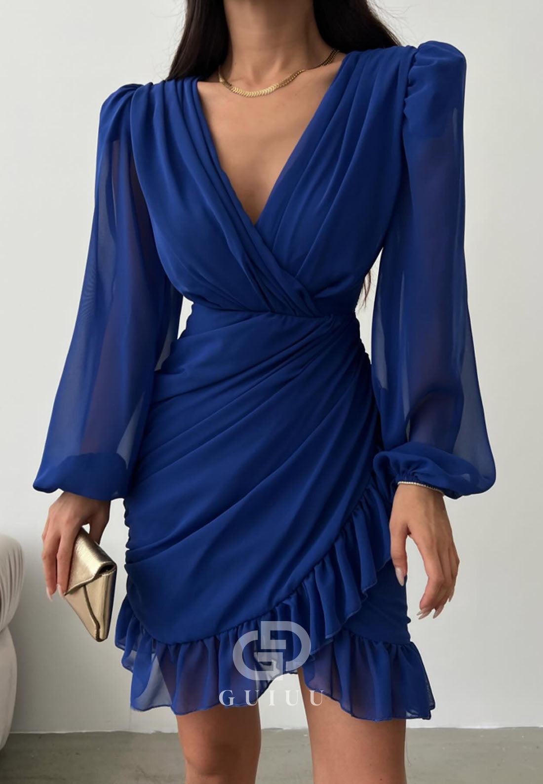 GH1011 - Sheath V Neck Long Sleeves Pleated Chiffon Ruffles Short Homecoming Dress