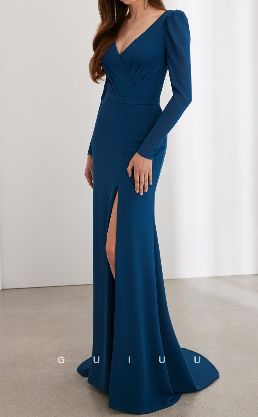 GM202 - Sheath V Neck Long Sleeves Pleated Cocktail Dress Wedding Guest Dress with Slit and Train