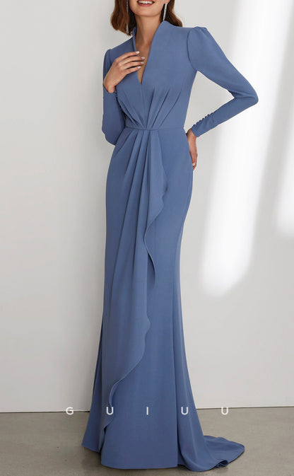 GM208 - Sheath V Neck Long Sleeves Pleated Cocktail Dress Wedding Guest Dress with Train