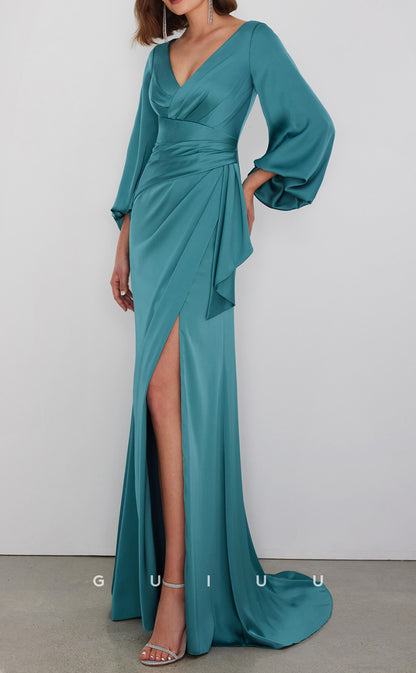 GM213 -  Sheath V Neck Long Sleeves Pleated Cocktail Dress with High Side Slit ande Train