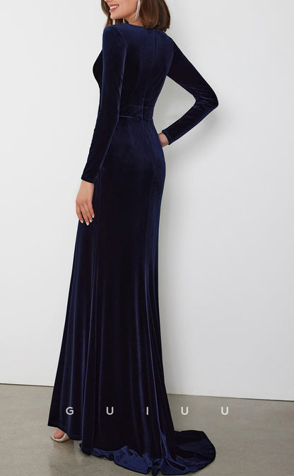 GM211 - Sheath V Neck Long Sleeves Pleated Velvet Cocktail Dress Wedding Guest Dress with Slit and Train