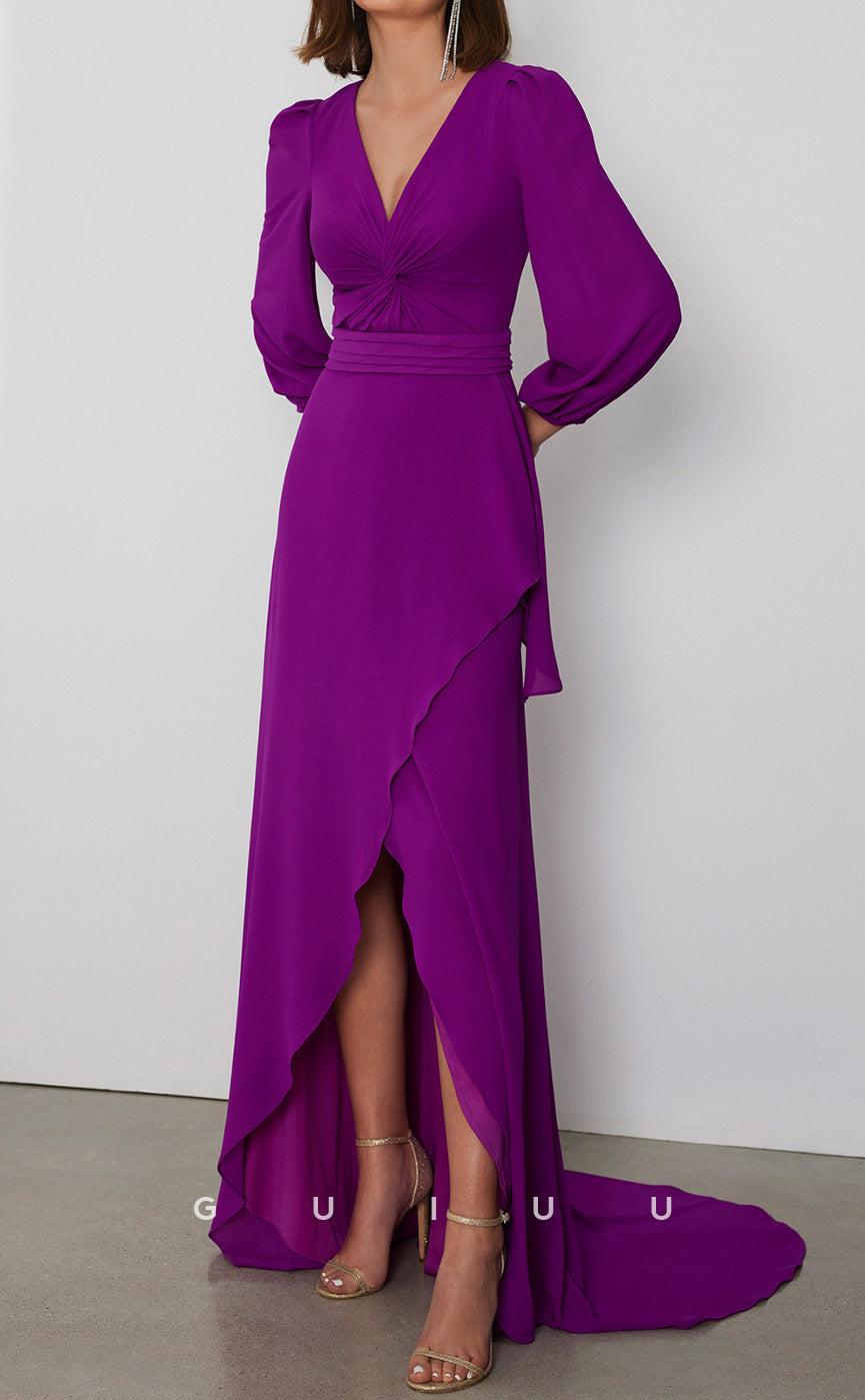 GM180 - Sheath V Neck Long Sleeves Ruched  Cocktail Dress Wedding Guest Dress with Slit and Train