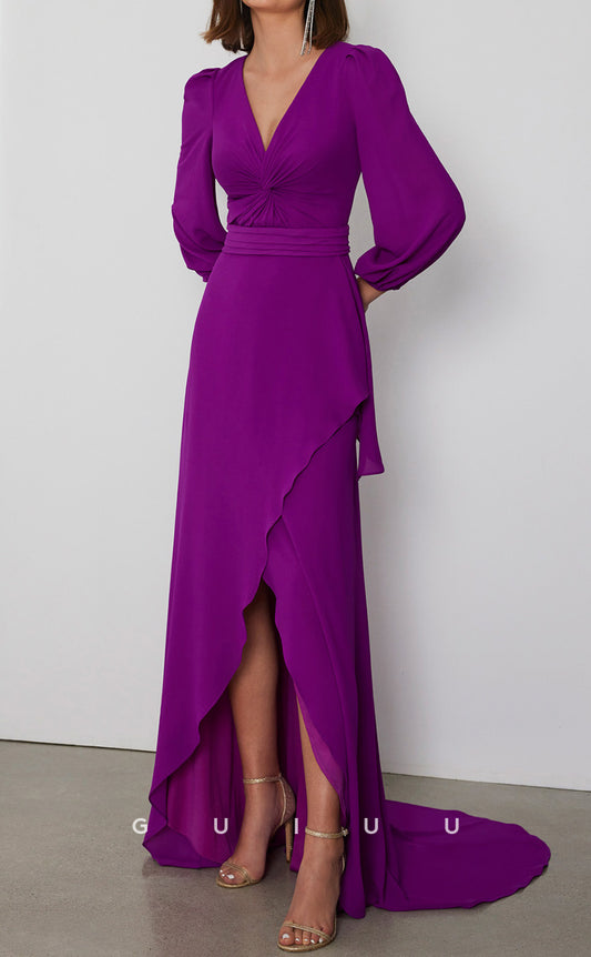 GM180 - Sheath V Neck Long Sleeves Ruched  Cocktail Dress Wedding Guest Dress with Slit and Train