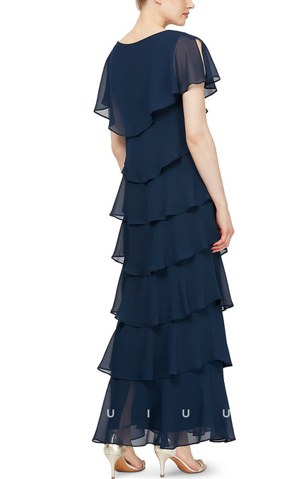 GM007 - Sheath V Neck Short Sleeves Long Chiffon Tiered Mother of the Bride Dress