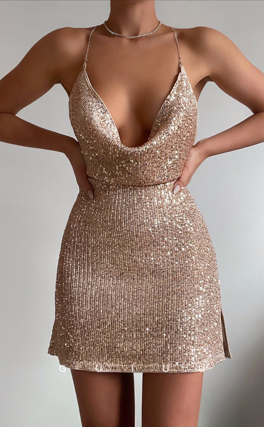 GH891 - Sheath V Neck Sleeveless Fully Sequined Open Back Homecoming Dress