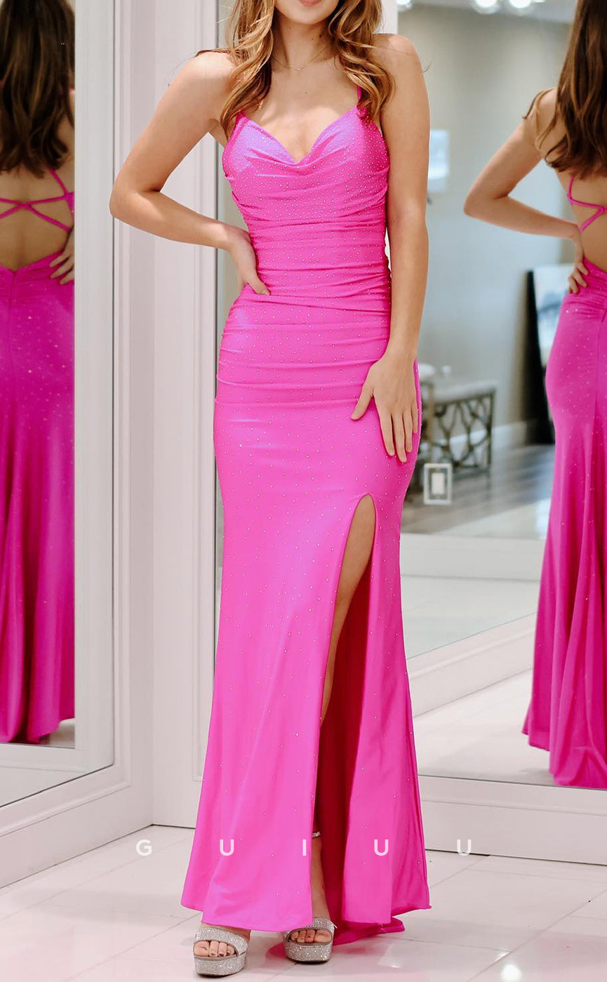 G4327 - Sheath V Neck Strapless Back Criss Cross Straps Hot Pink Long Prom Dress with Slit