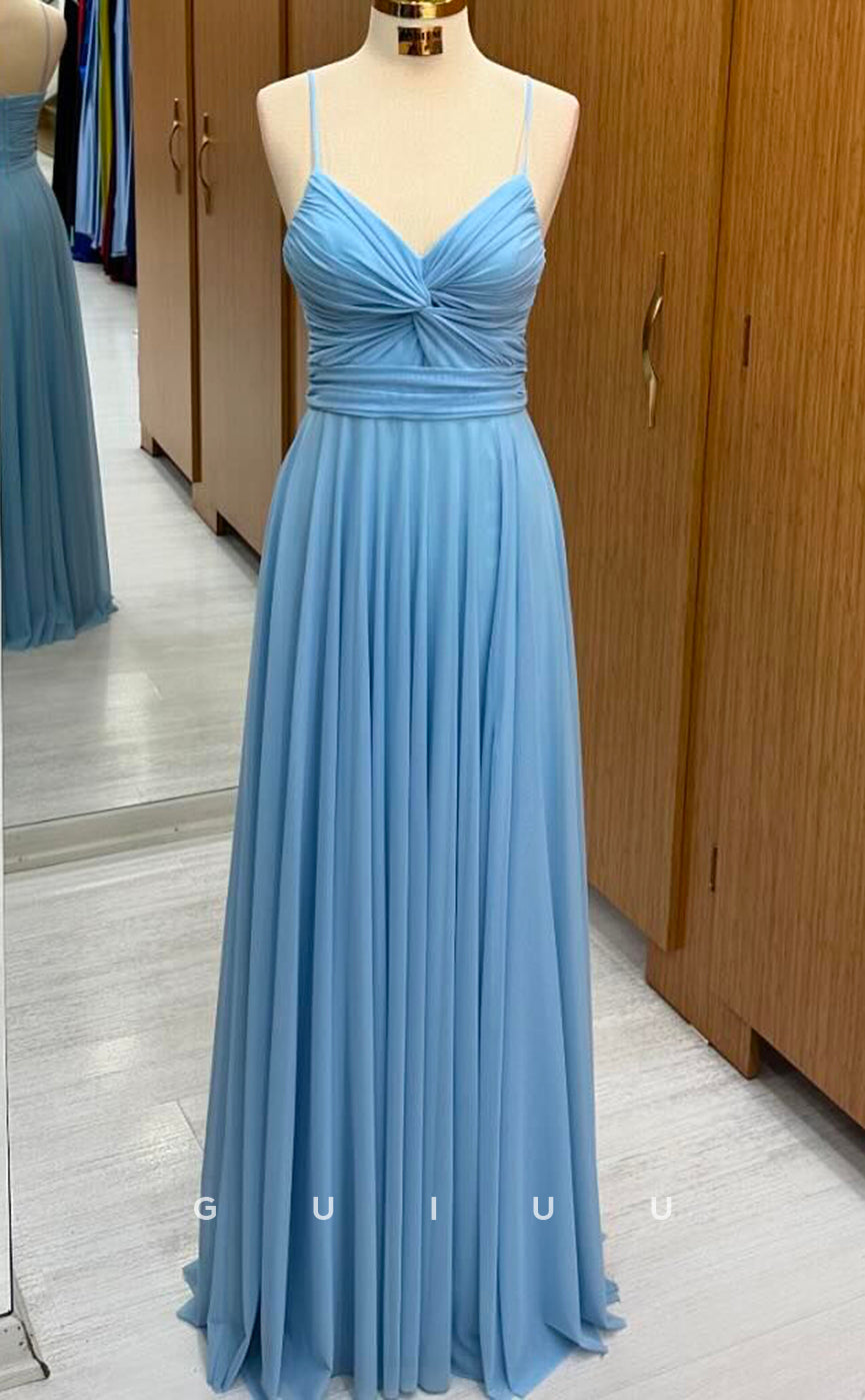 G3662 - Sheath V Neck Straps Sleeveless Pleated Back Zipper Long Prom Dress