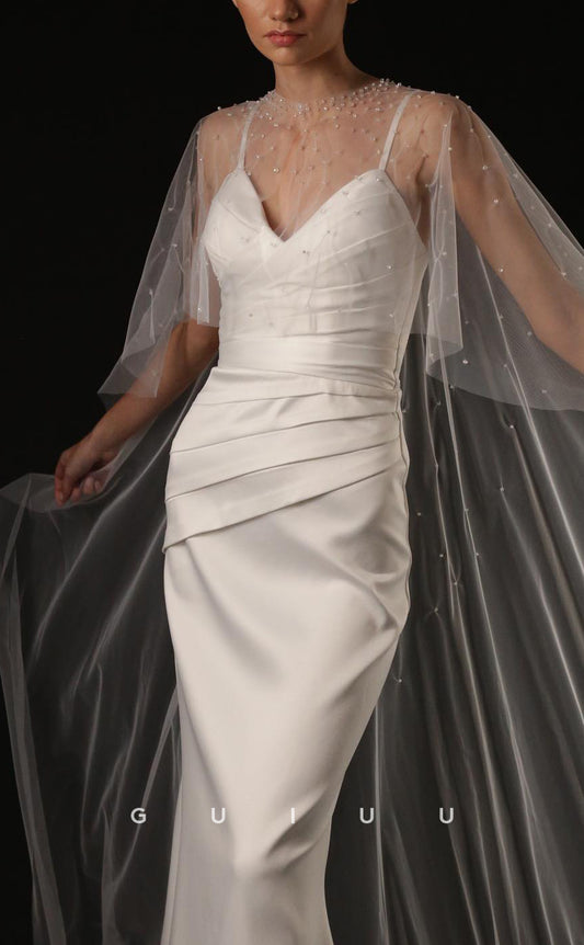 GW979 - Sheath V Neck Straps Sleeveless Pleated Stain Wedding Dress