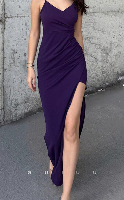 G3739 -  Sheath V Neck Straps Sleeveless Ruched Long PromEvening Dress with High Side Slit