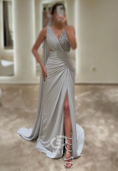 G4737 - Sheath V Neck Straps Sleeveless Sequines Pleated Satin Long Prom Dress with Slit