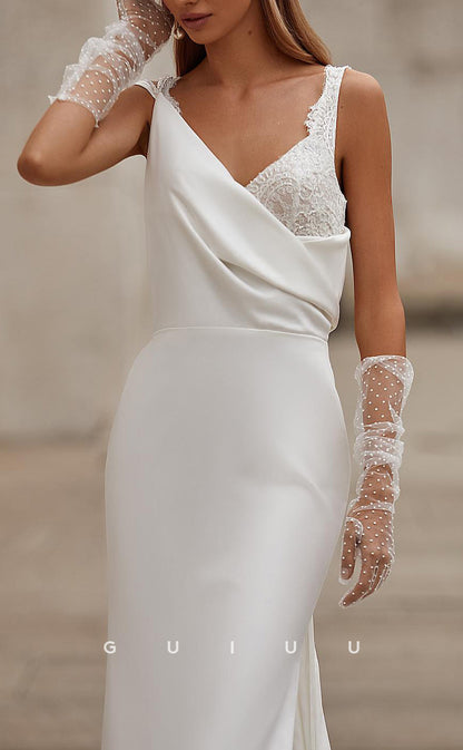 GW1032 -  Sheath V Neck V Back Sleeveless Lace Gloves Stain Wedding Dress with Train