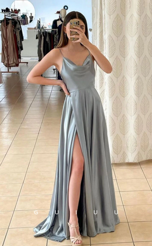 G4630 - Simple  A-Line V Neck Straps Back Zipper Satin Long Prom Dress