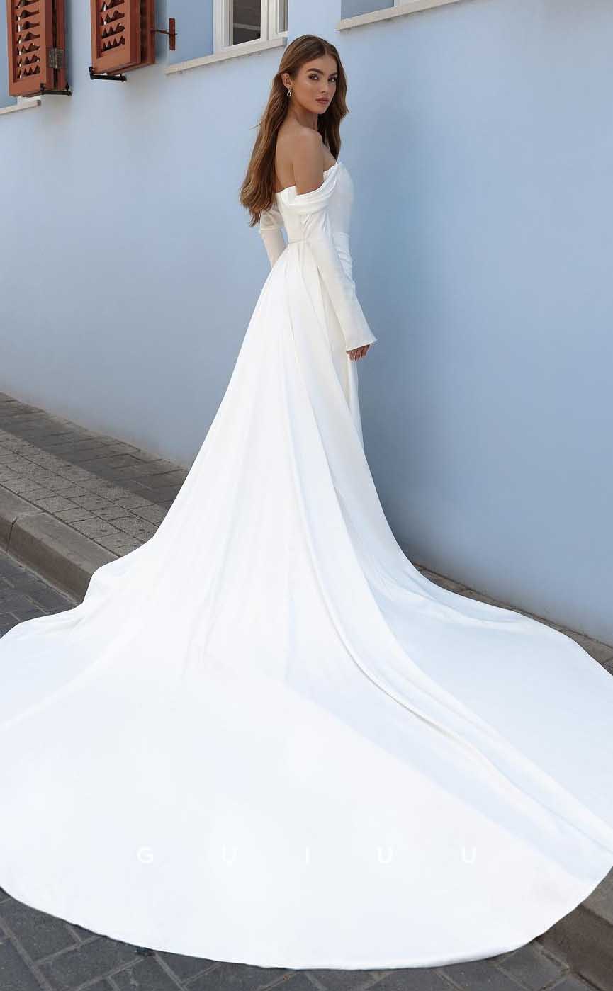 GW838 - Simple Off-Shoulder Long Sleeves Mermaid Wedding Dress with Slit and Train