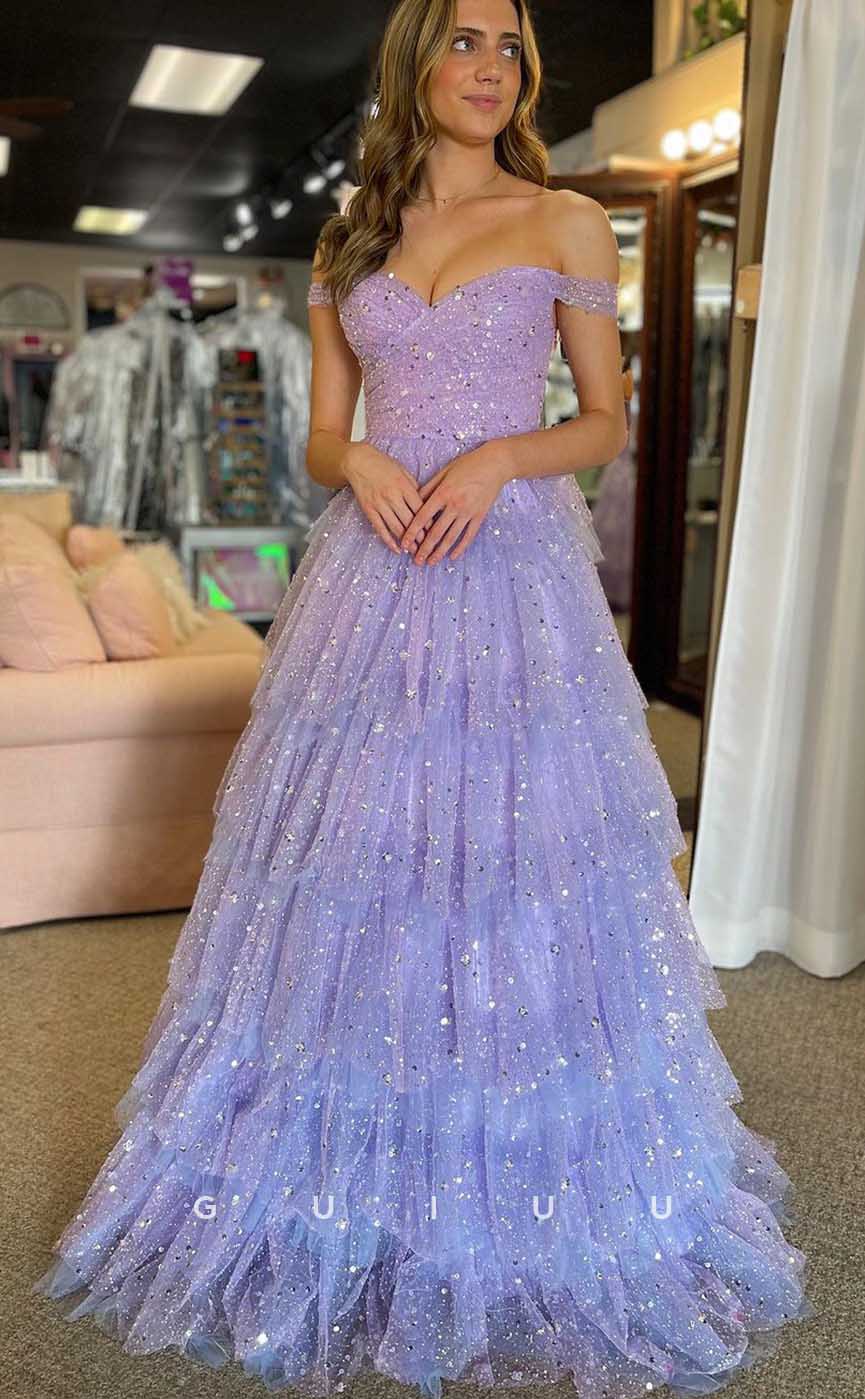 G4487 - Simple & Casual A-Line Off-Shoulder Sleeveless Purple Tulle Tiered Floor-Length Prom Party Dress with Allover Sequins