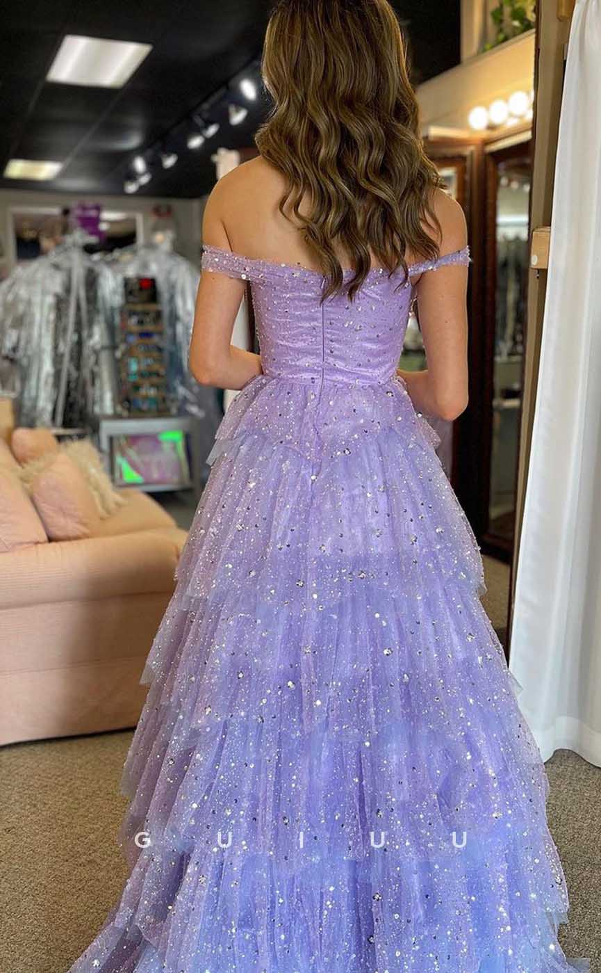 G4487 - Simple & Casual A-Line Off-Shoulder Sleeveless Purple Tulle Tiered Floor-Length Prom Party Dress with Allover Sequins