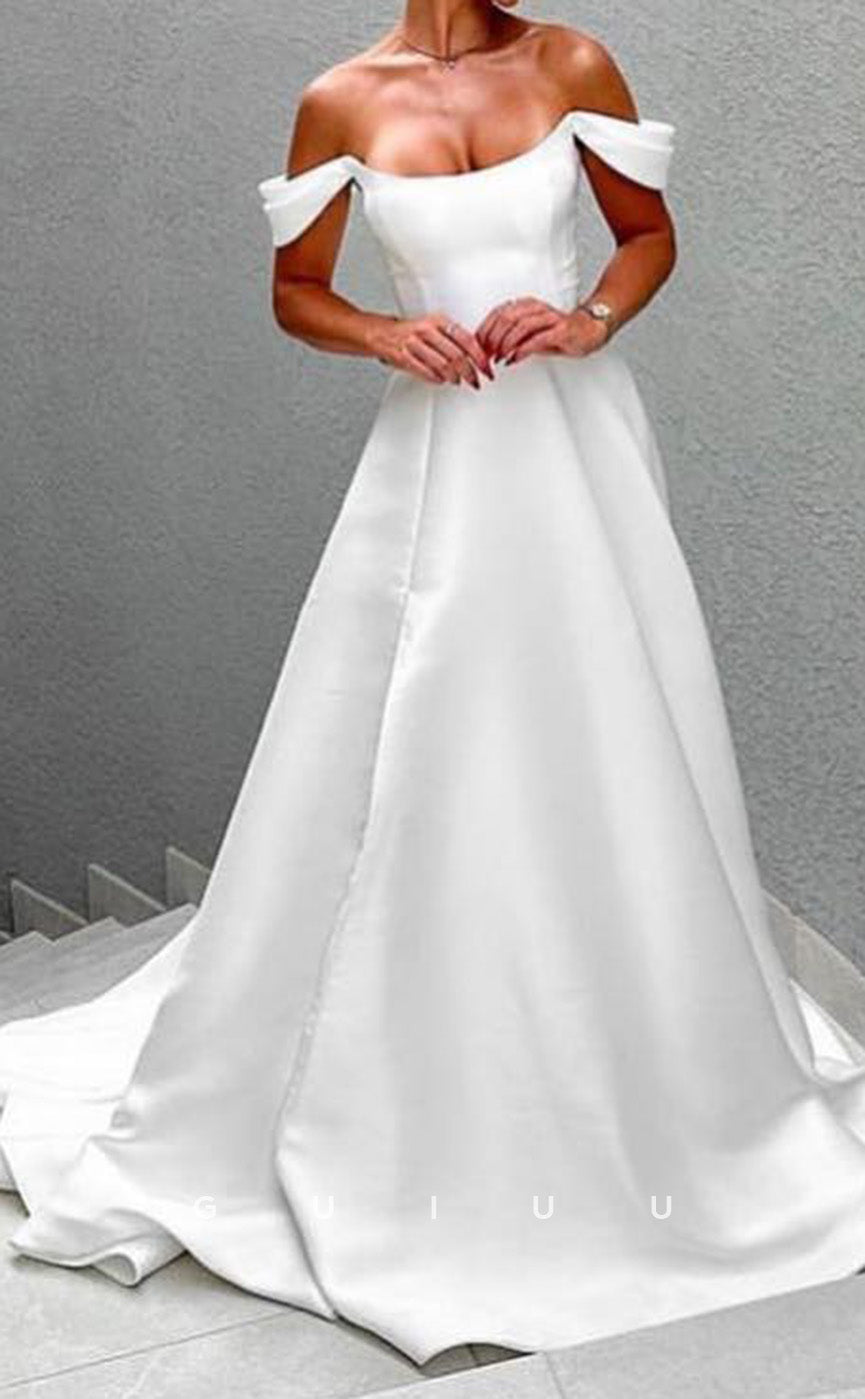 GW1031 - Simple & Casual A-Line Off Shoulder Sleeveless Stain Wedding Dress with Train