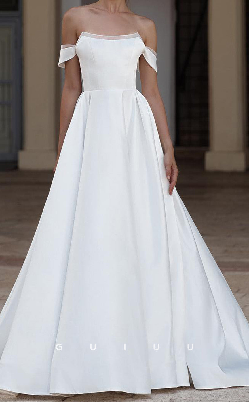 GW1022 -  Simple & Casual A-Line Off Shoulder Stain Wedding Dress with Train