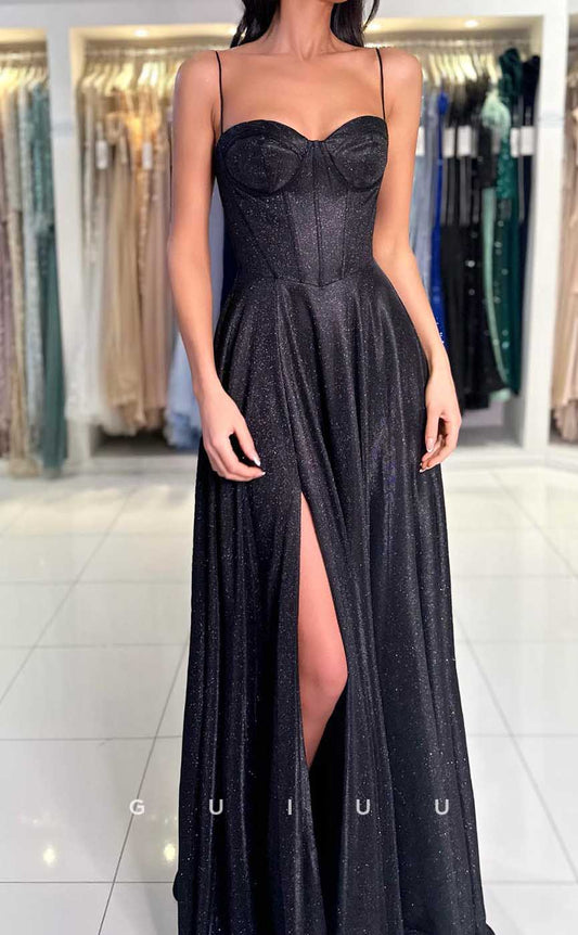 G4506 - Simple & Casual A-Line Strapless Straps Sleeveless High Side Slit Long Prom Evening Dress