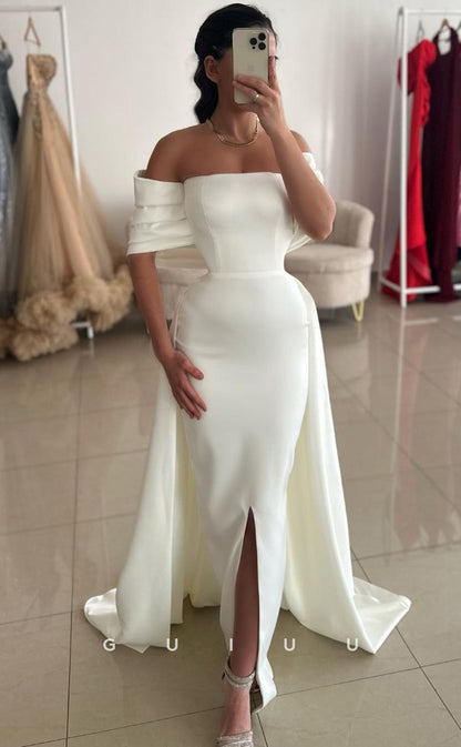 G3835 -  Simple & Casual Mermaid OffShoulder Long Prom Evening Dress with Slit and Train