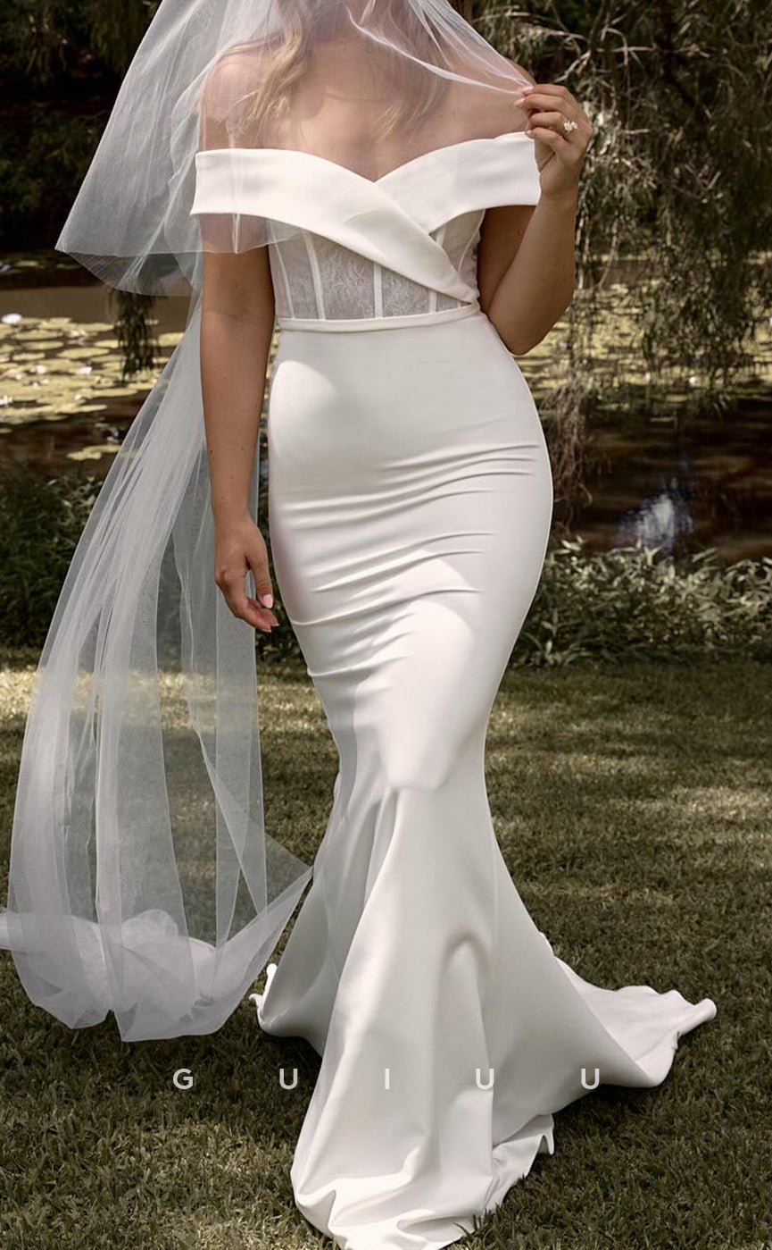 GW982 - Simple & Casual Mermaid Off Shoulder Stain Wedding Dress