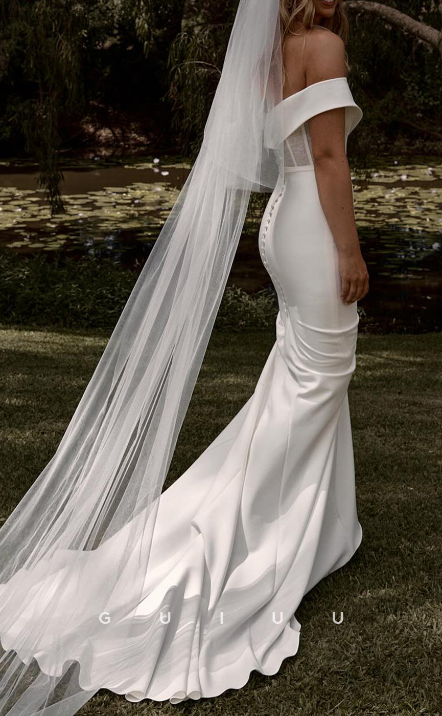 GW982 - Simple & Casual Mermaid Off Shoulder Stain Wedding Dress