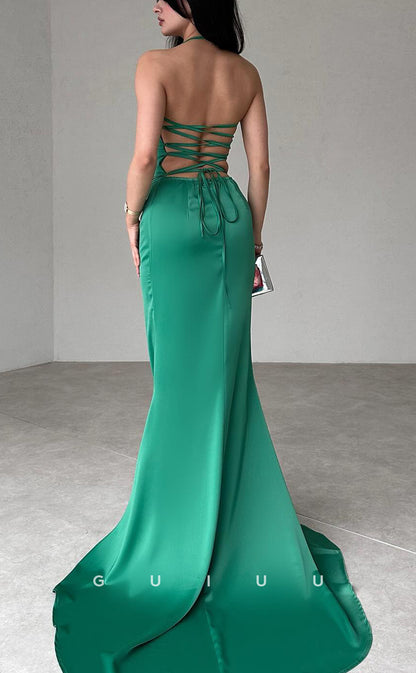 G4120 -  Simple & Casual Mermaid Straps Sleeveless Criss-Cross Straps Long Prom Dress with Train