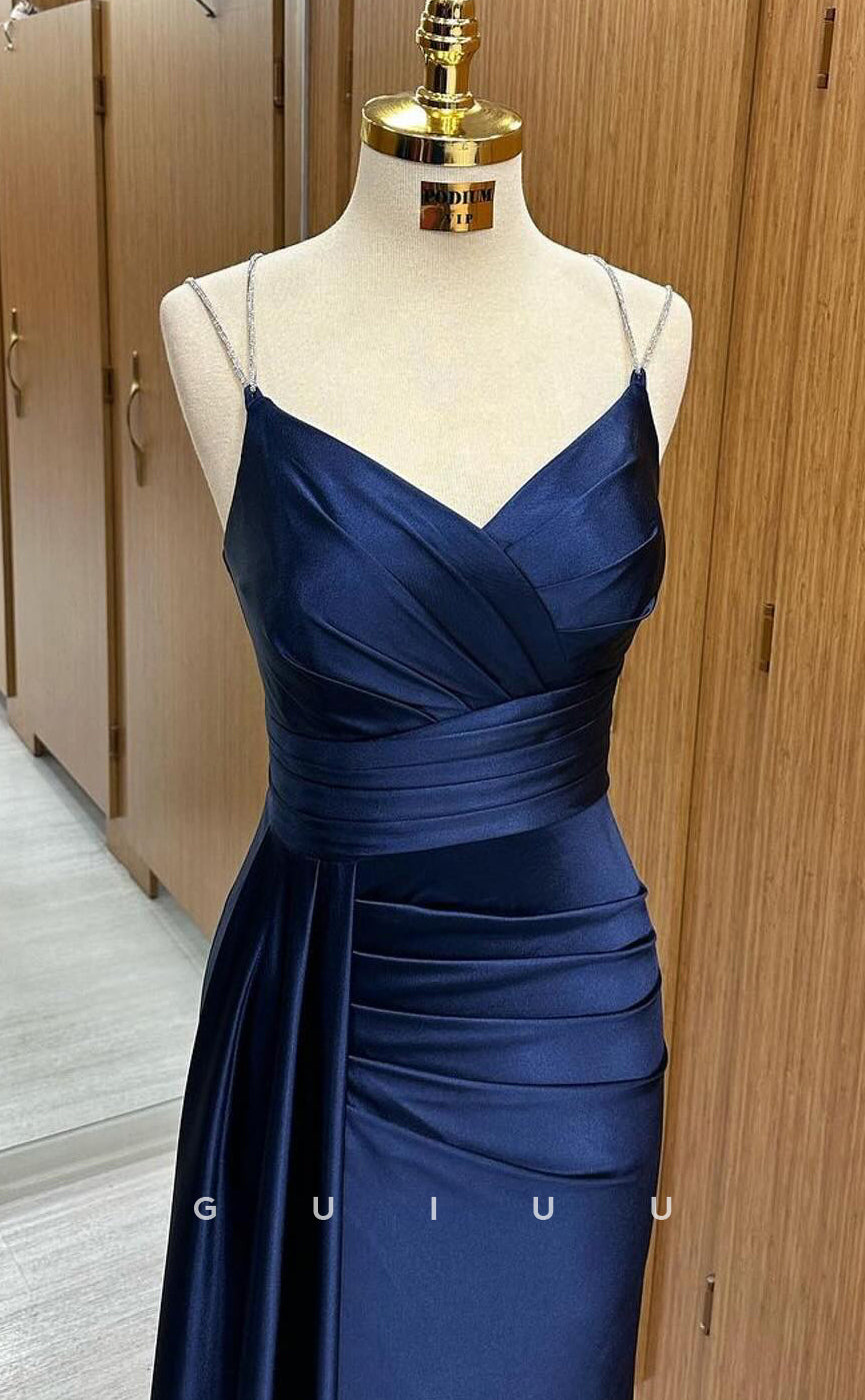 G4040 - Simple & Casual Mermaid V Neck Straps Sleeveless Stain Pleats Formal Prom Dress