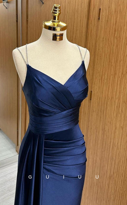 G4040 - Simple & Casual Mermaid V Neck Straps Sleeveless Stain Pleats Formal Prom Dress