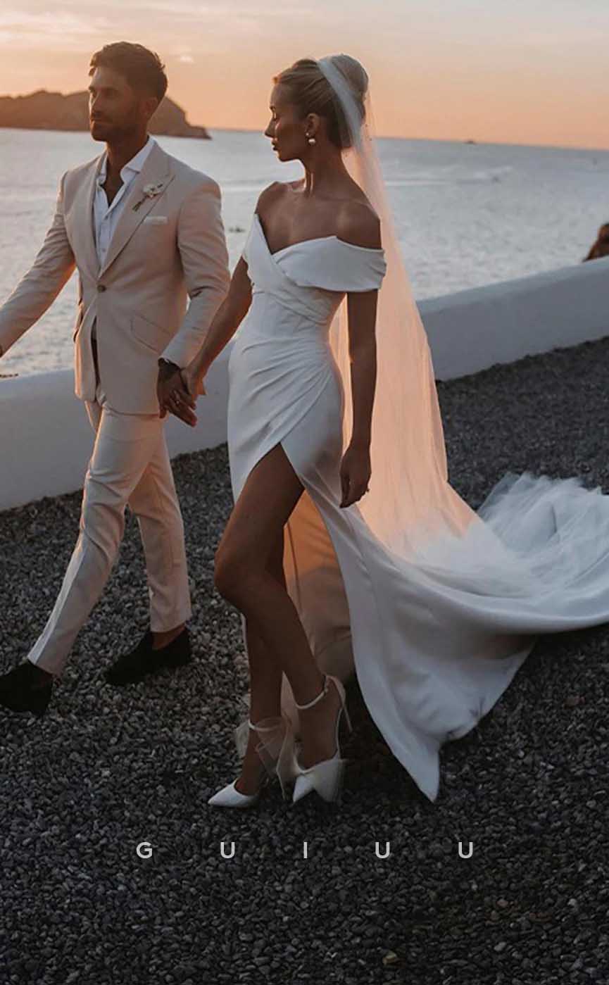 GW910 -  Simple & Casual Sheath Off-Shoulder Stain Beach Wedding Dress with Slit and Train