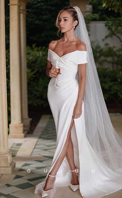 GW910 -  Simple & Casual Sheath Off-Shoulder Stain Beach Wedding Dress with Slit and Train