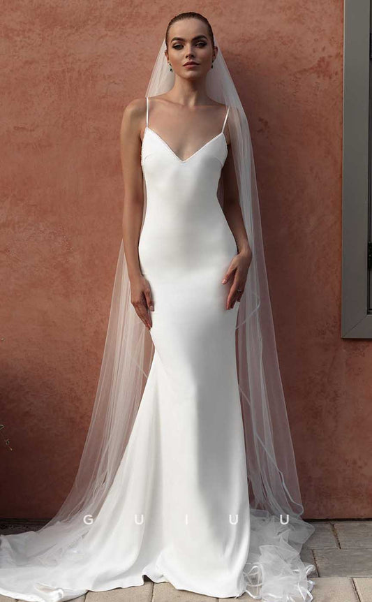 GW840 - Simple & Casual V Neck Straps Criss-Cross Up Mermaid Beach Wedding Dress with Court Train