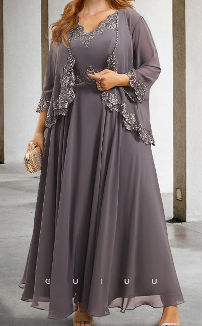 GM088 - Two Pieces A-Line V Neck Long Sleeves Tea Length Appliques Chiffon Wedding Guest Dresses