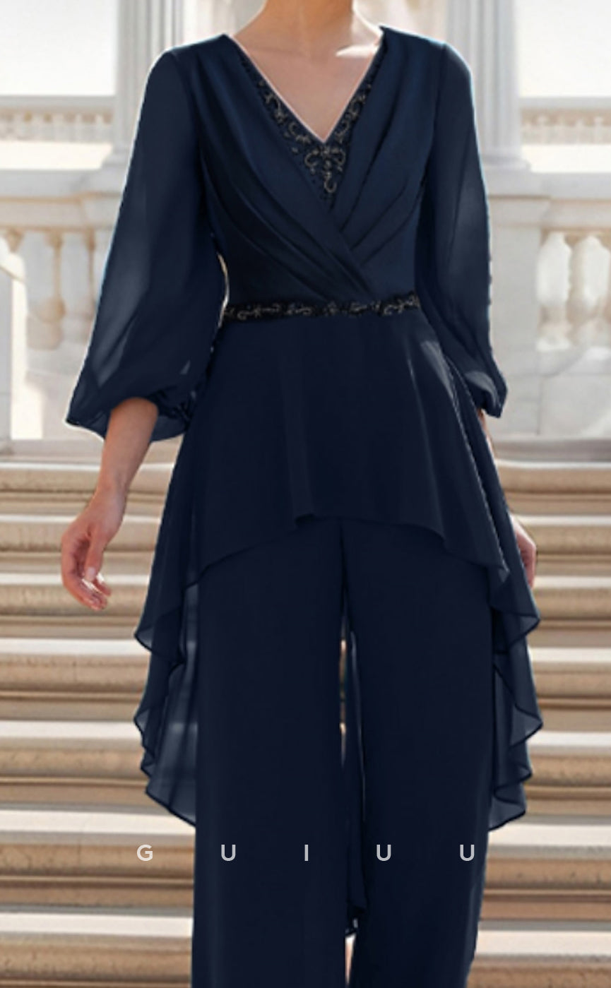 GM038 - Two Pieces Jumpsuit V Neck Chiffon 34 Length Sleeves Ruffles Mother of the Bride Dress