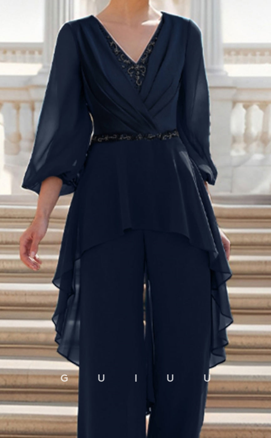 GM038 - Two Pieces Jumpsuit V Neck Chiffon 34 Length Sleeves Ruffles Mother of the Bride Dress