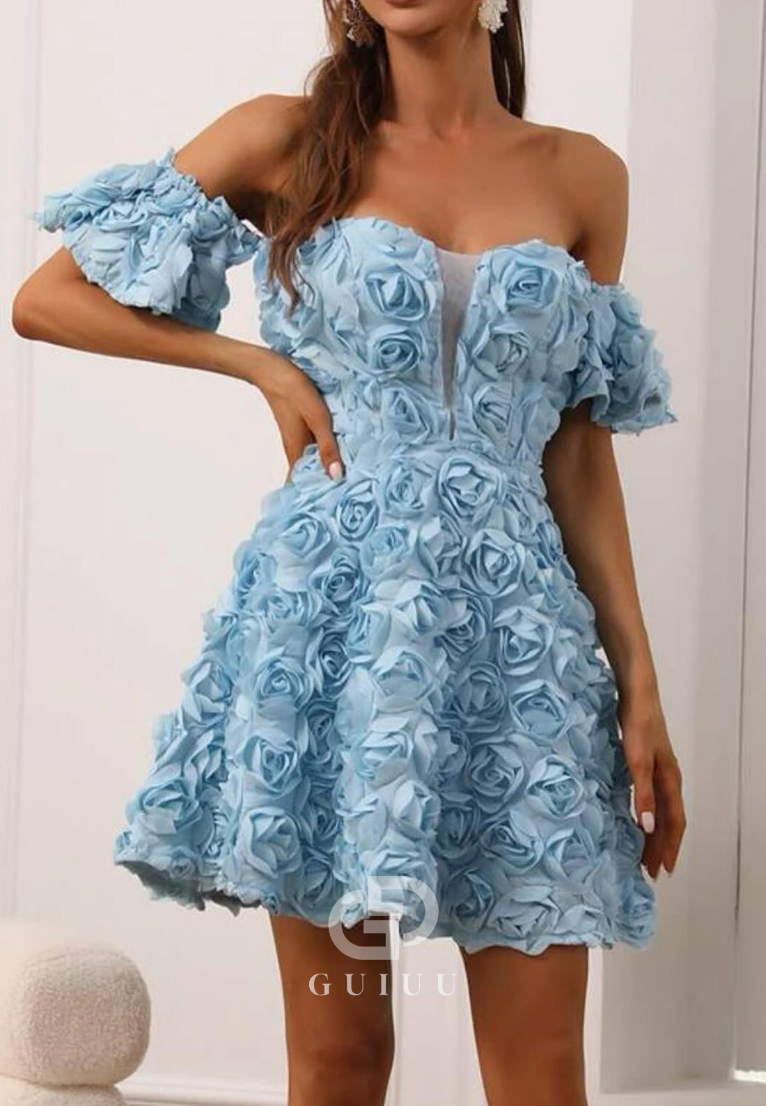 GH978 - Unique A-Line Off Shoulder Sleeveless Short Homecoming Party Dress with Flowers