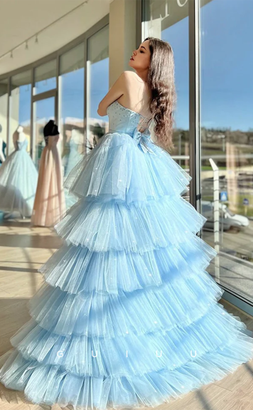 G4627 -  Unique Sweetheart Neck Lace-Up Tulle Tiered  Blue Prom Dress with High Slit