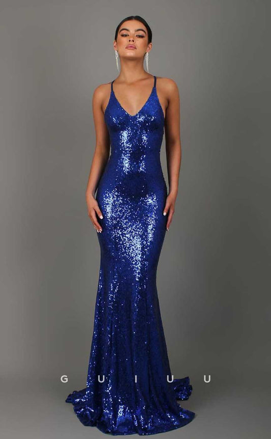 G4474 -  Unique & Chic Mermaid Fitted V Neck Halter Straps Allover Sequins Criss-Cross Straps Sweep-Length Formal Evening Prom Gown